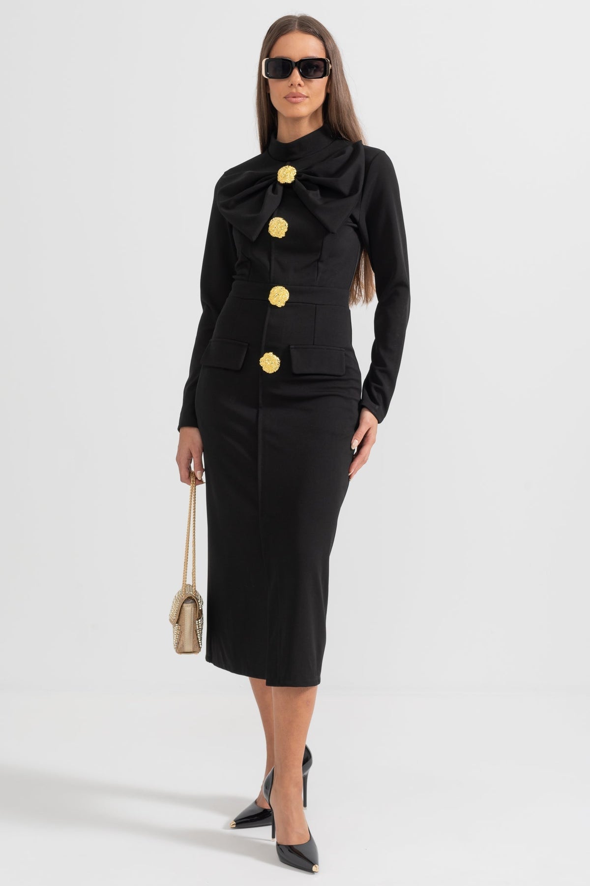 Bow Collar Long Sleeve Fitted Dress with Gold Floral Buttons – Black – view 4