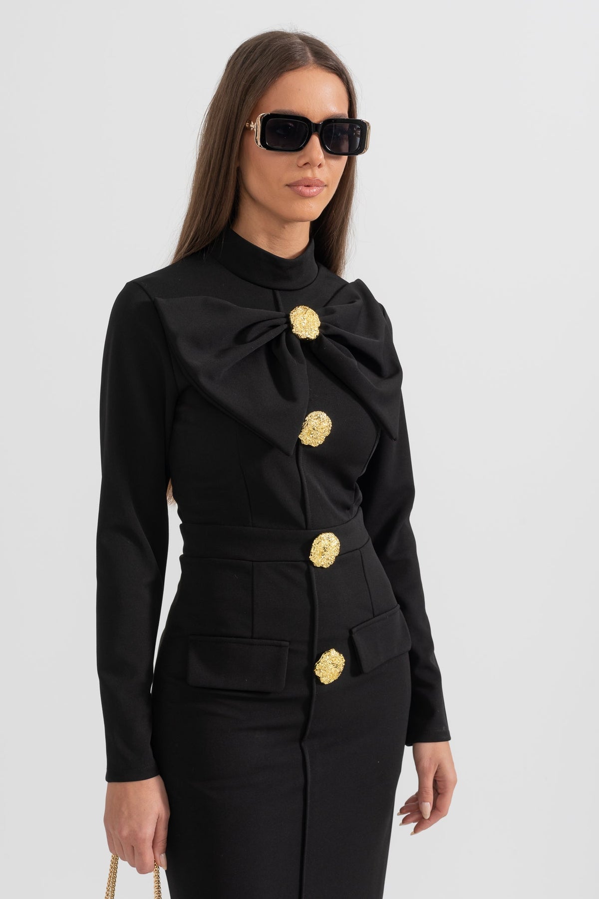 Bow Collar Long Sleeve Fitted Dress with Gold Floral Buttons – Black – view 3