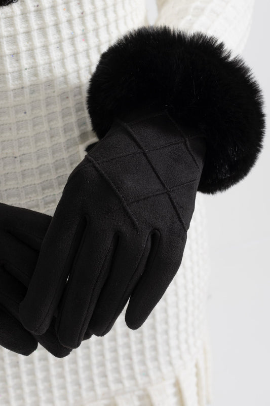 Quilted Suede-Effect Gloves with Fluffy Cuffs – Black – view 2