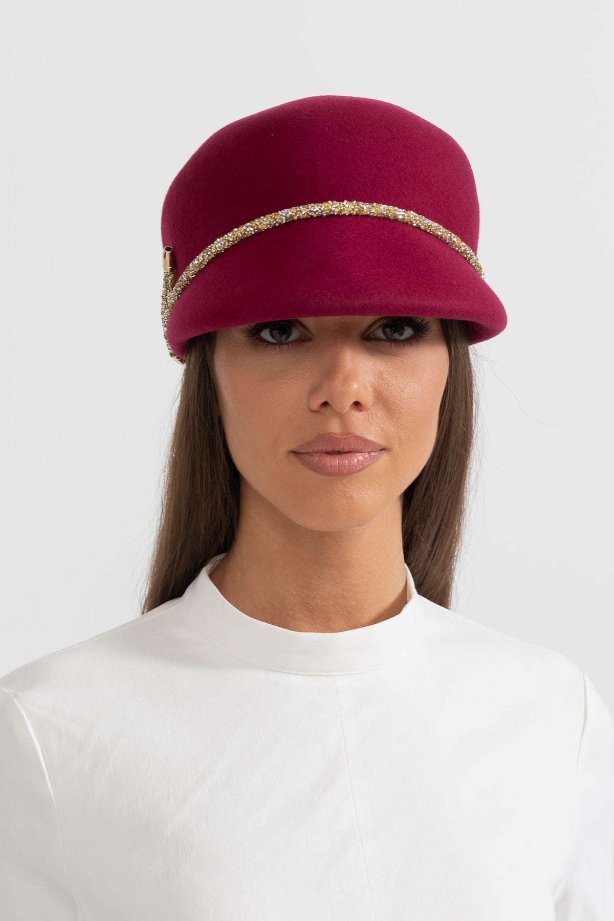 Short Brim Hat with Wrapped Detail and Chain Accent – Burgundy – view 3
