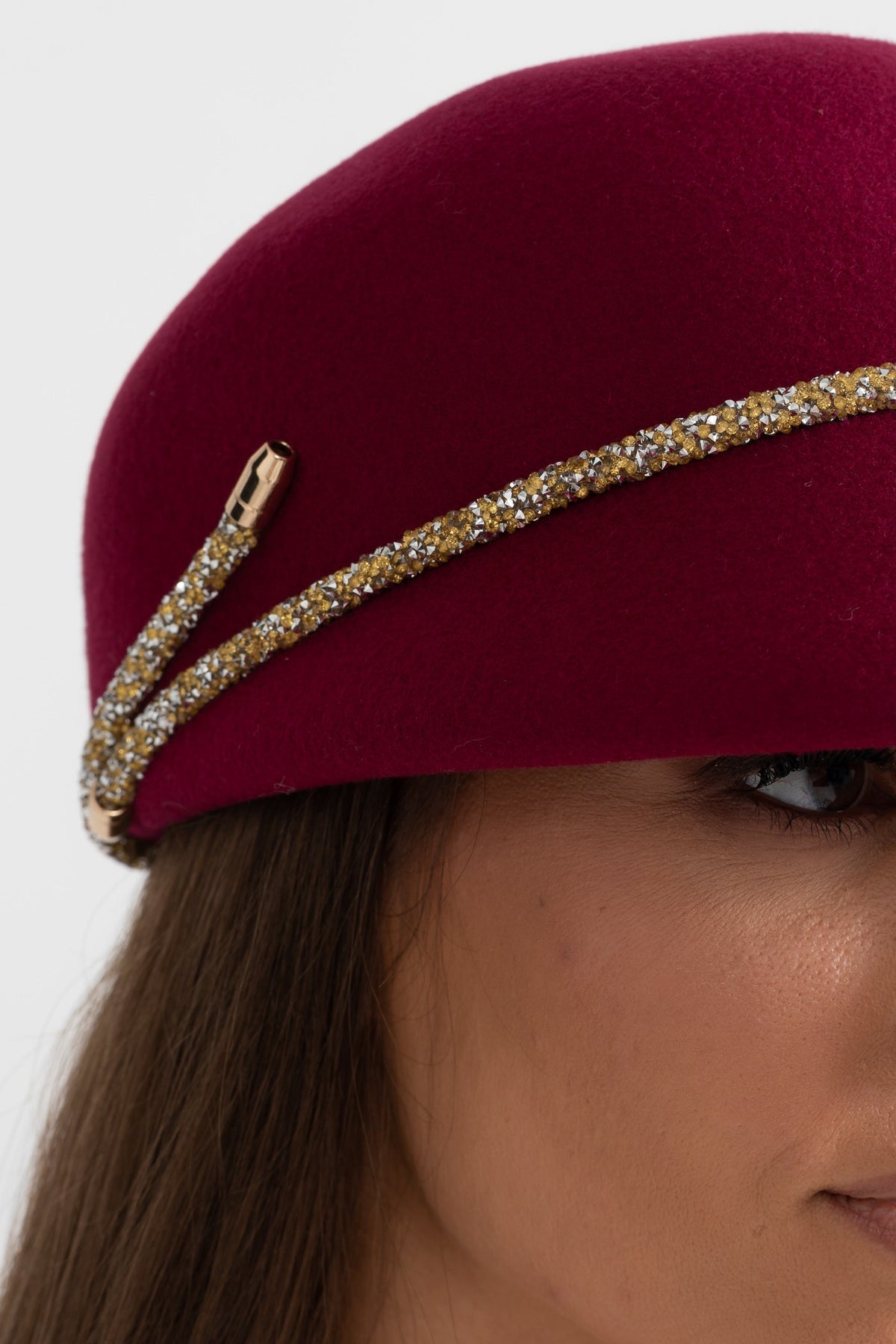 Short Brim Hat with Wrapped Detail and Chain Accent – Burgundy – view 4