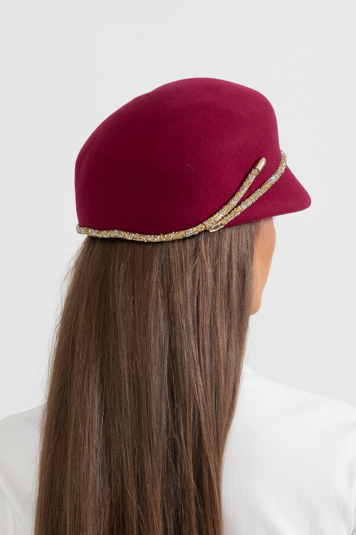 Short Brim Hat with Wrapped Detail and Chain Accent – Burgundy – view 2