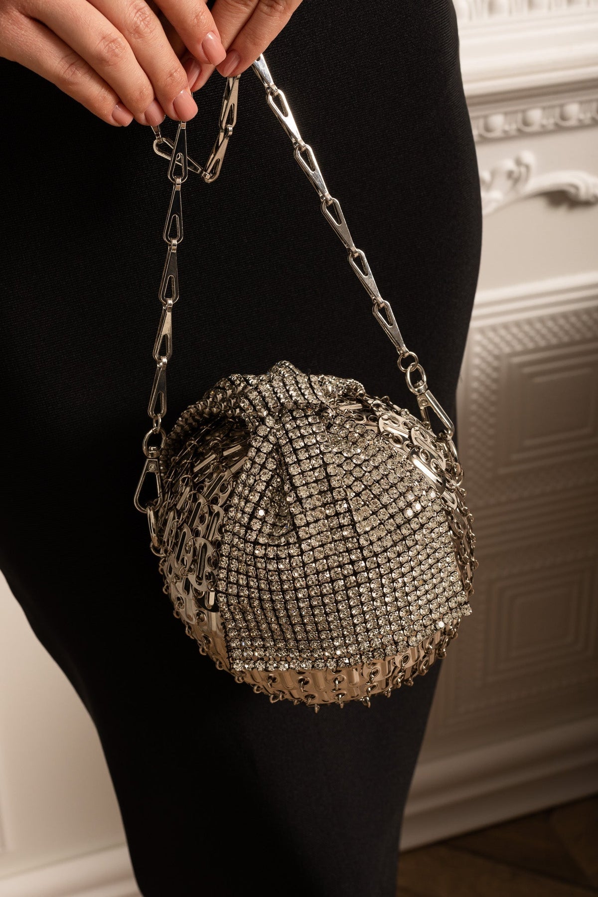 Spherical Metallic Handbag with Shimmering Embellishments – Silver