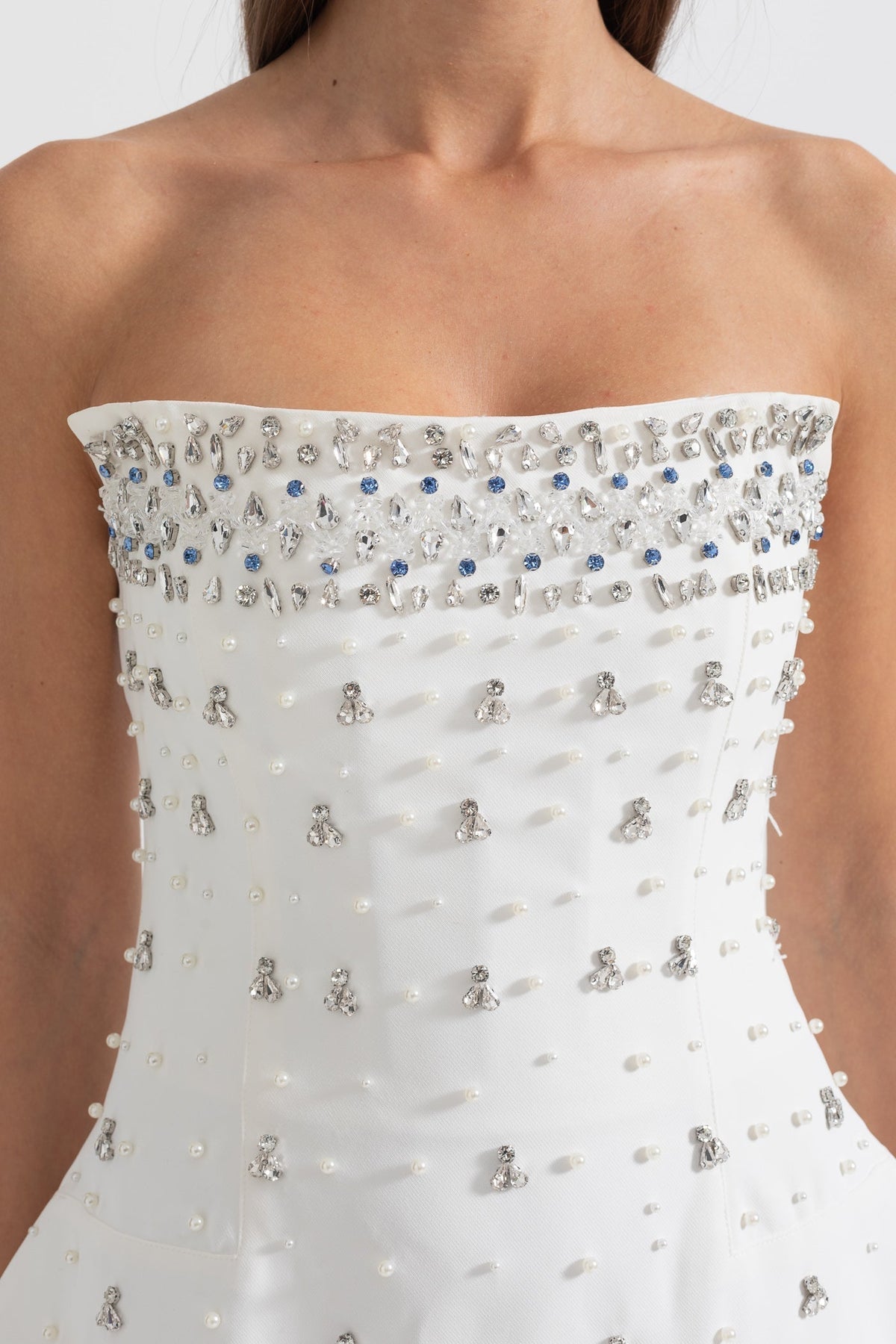 Strapless Mini Dress with Cascading Crystal Embellishments – White – view 3