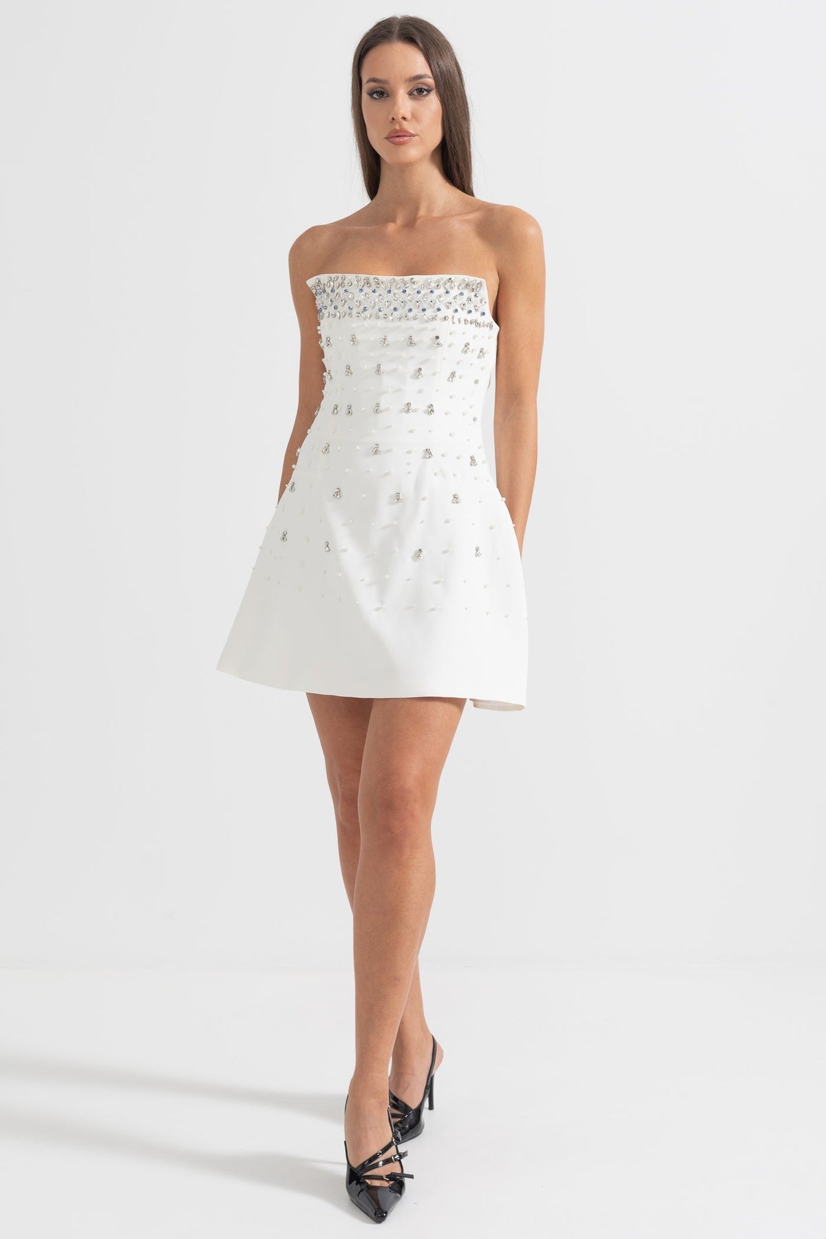 Strapless Mini Dress with Cascading Crystal Embellishments – White