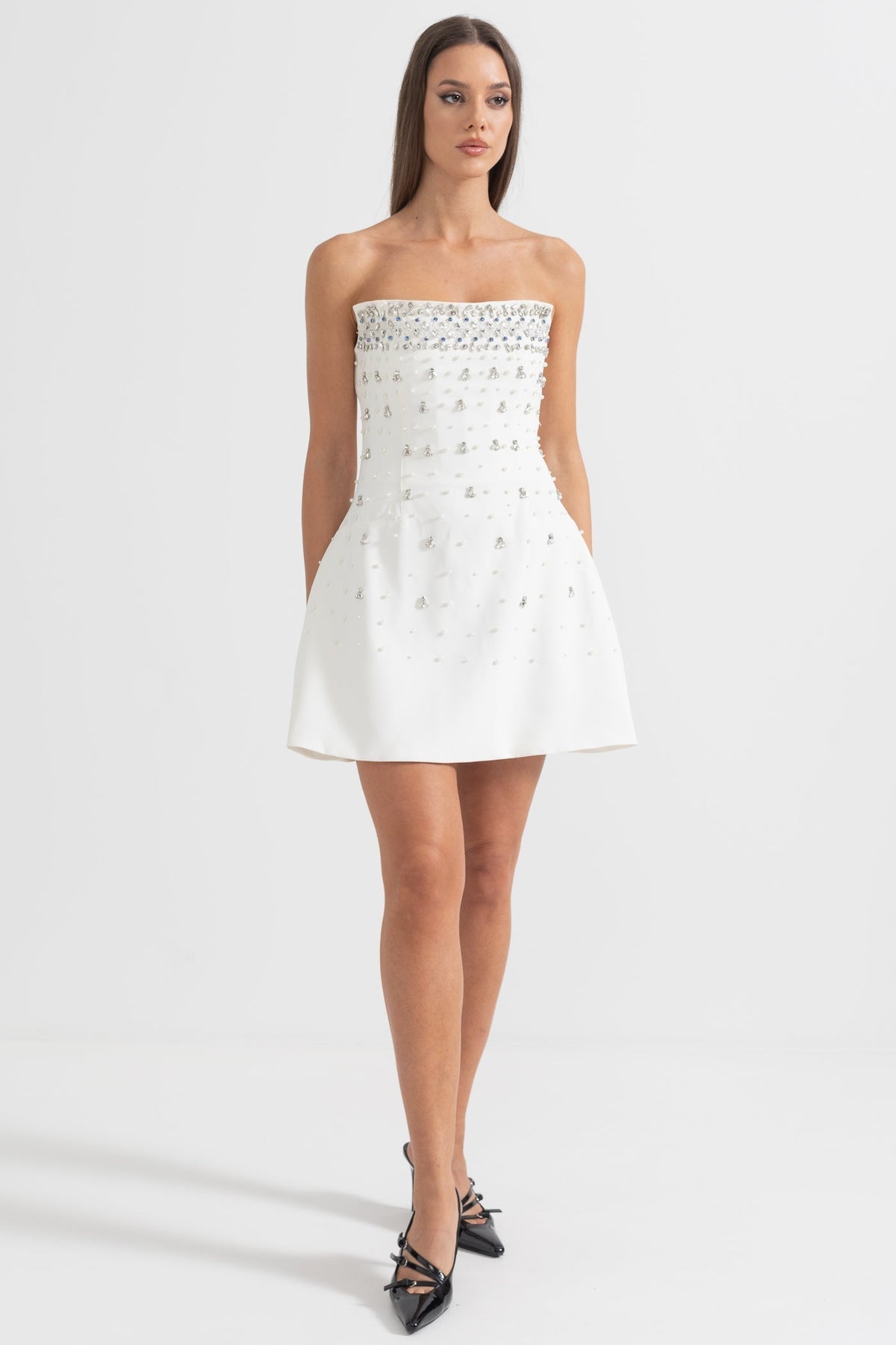 Strapless Mini Dress with Cascading Crystal Embellishments – White