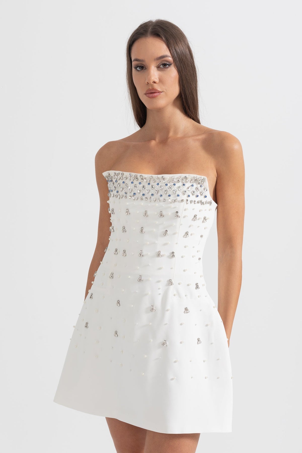 Strapless Mini Dress with Cascading Crystal Embellishments – White – view 6