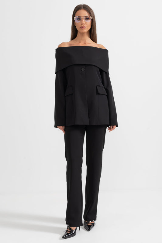 High Waist Loose Straight Fit Long Trousers – Black – view 2