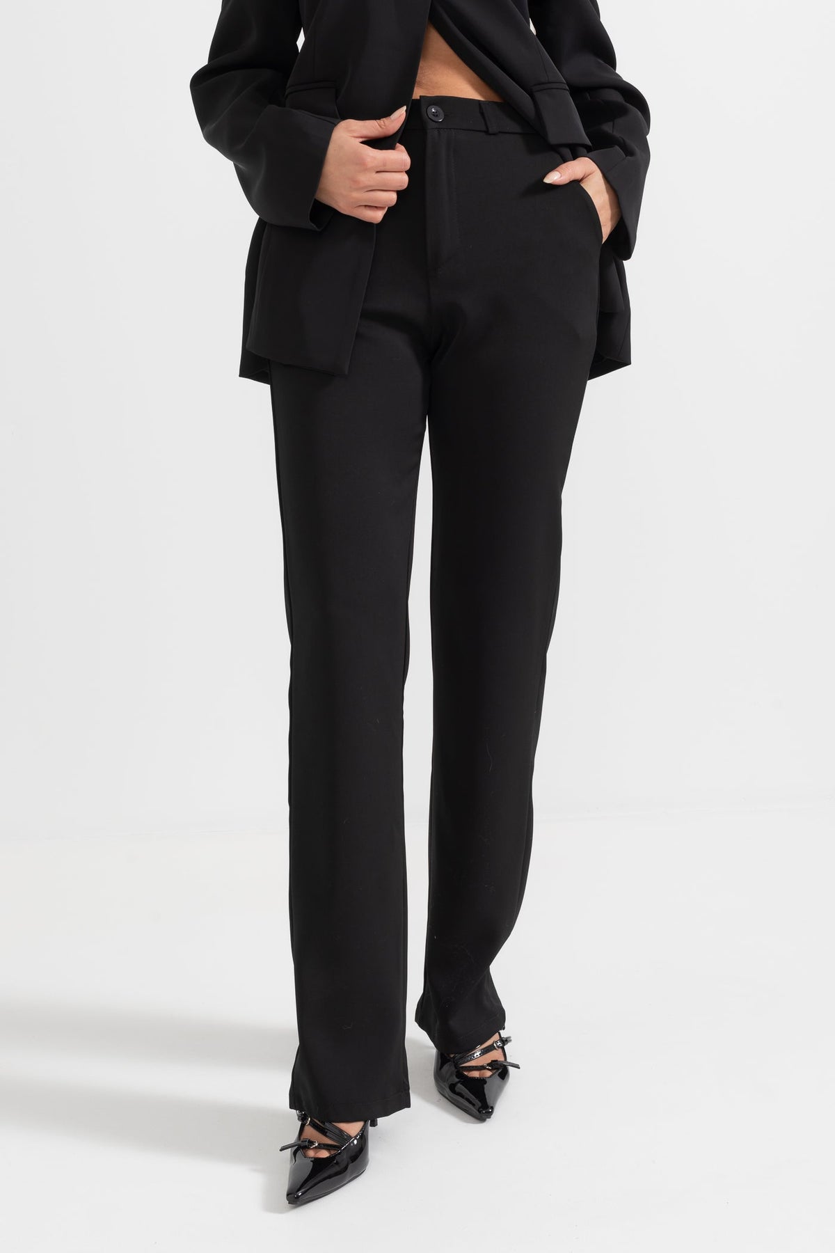 High Waist Loose Straight Fit Long Trousers – Black – view 1