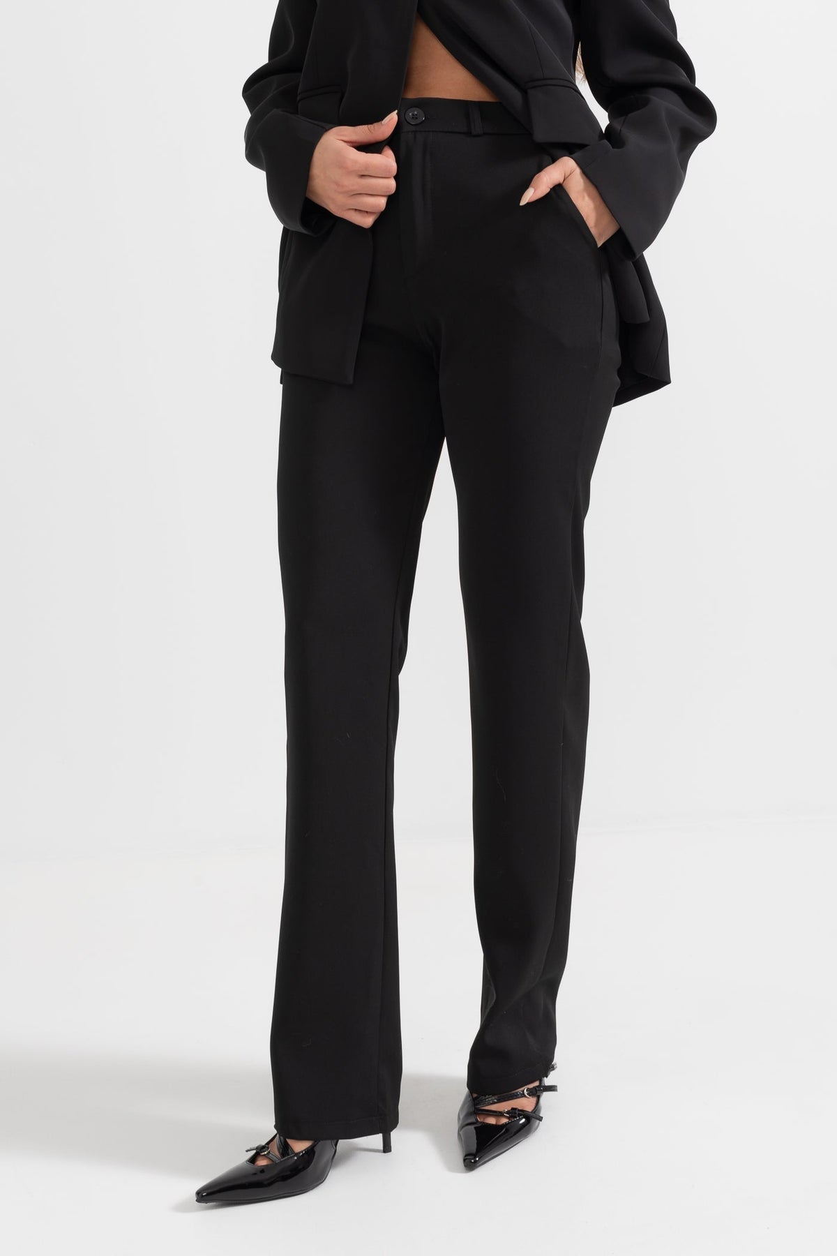 High Waist Loose Straight Fit Long Trousers – Black – view 4