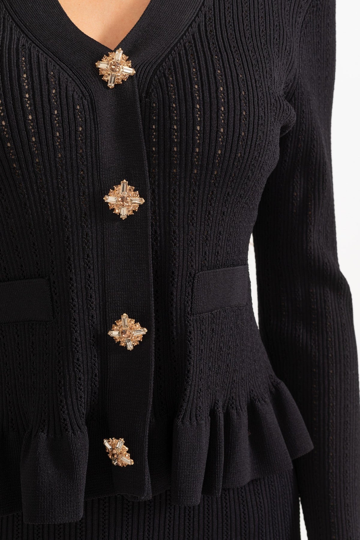Ruffled V-Neck Knit Cardigan and Flared Knee-Length Skirt Set – Black – view 4