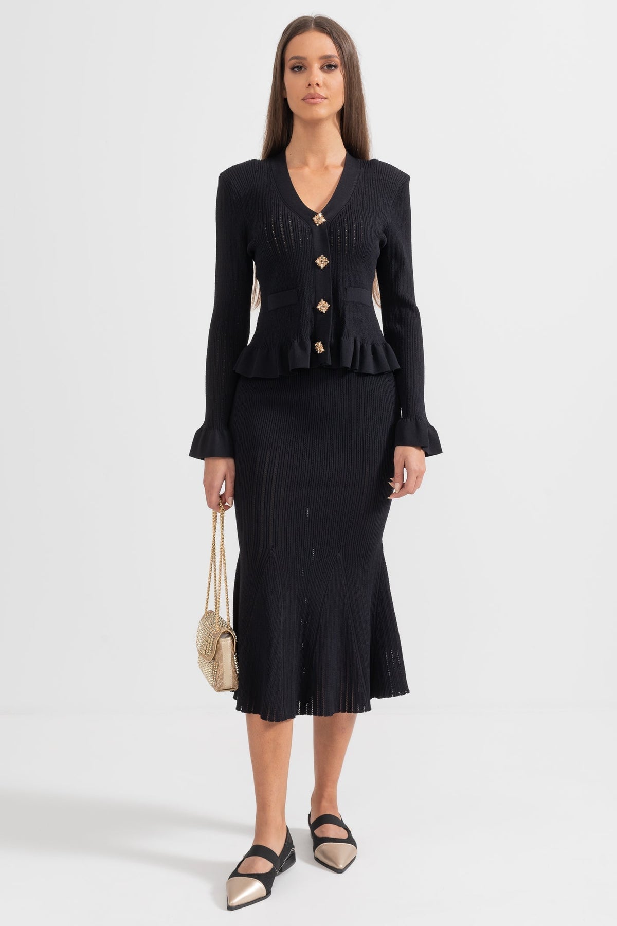 Ruffled V-Neck Knit Cardigan and Flared Knee-Length Skirt Set – Black – view 2