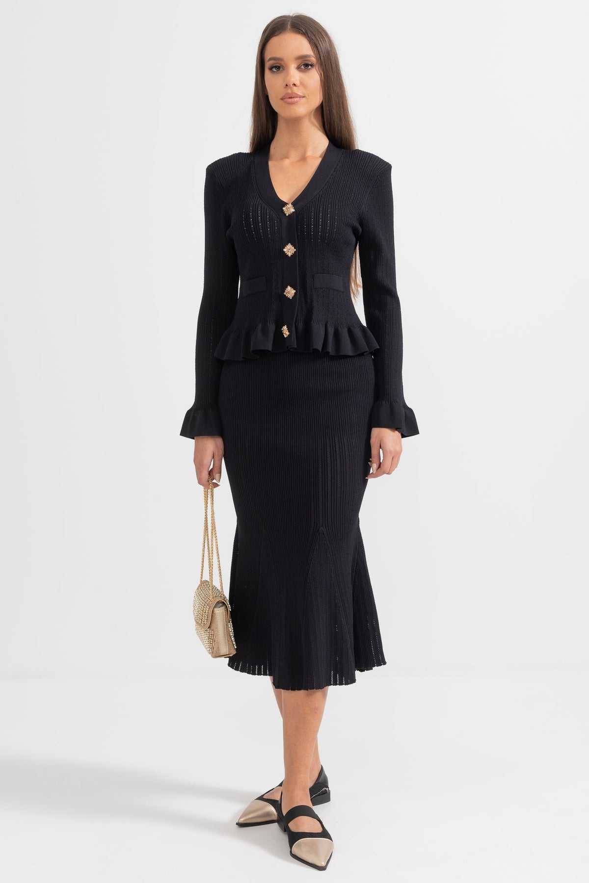 Ruffled V-Neck Knit Cardigan and Flared Knee-Length Skirt Set – Black – view 5