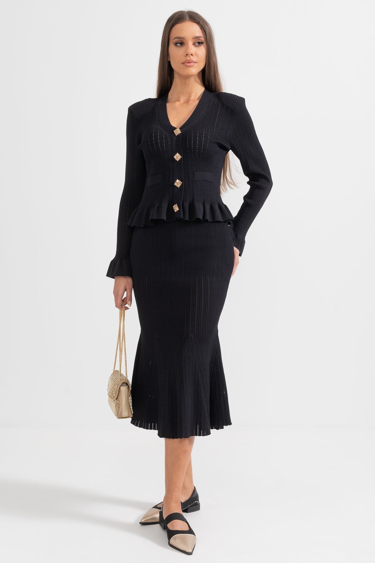 Ruffled V-Neck Knit Cardigan and Flared Knee-Length Skirt Set – Black – view 6