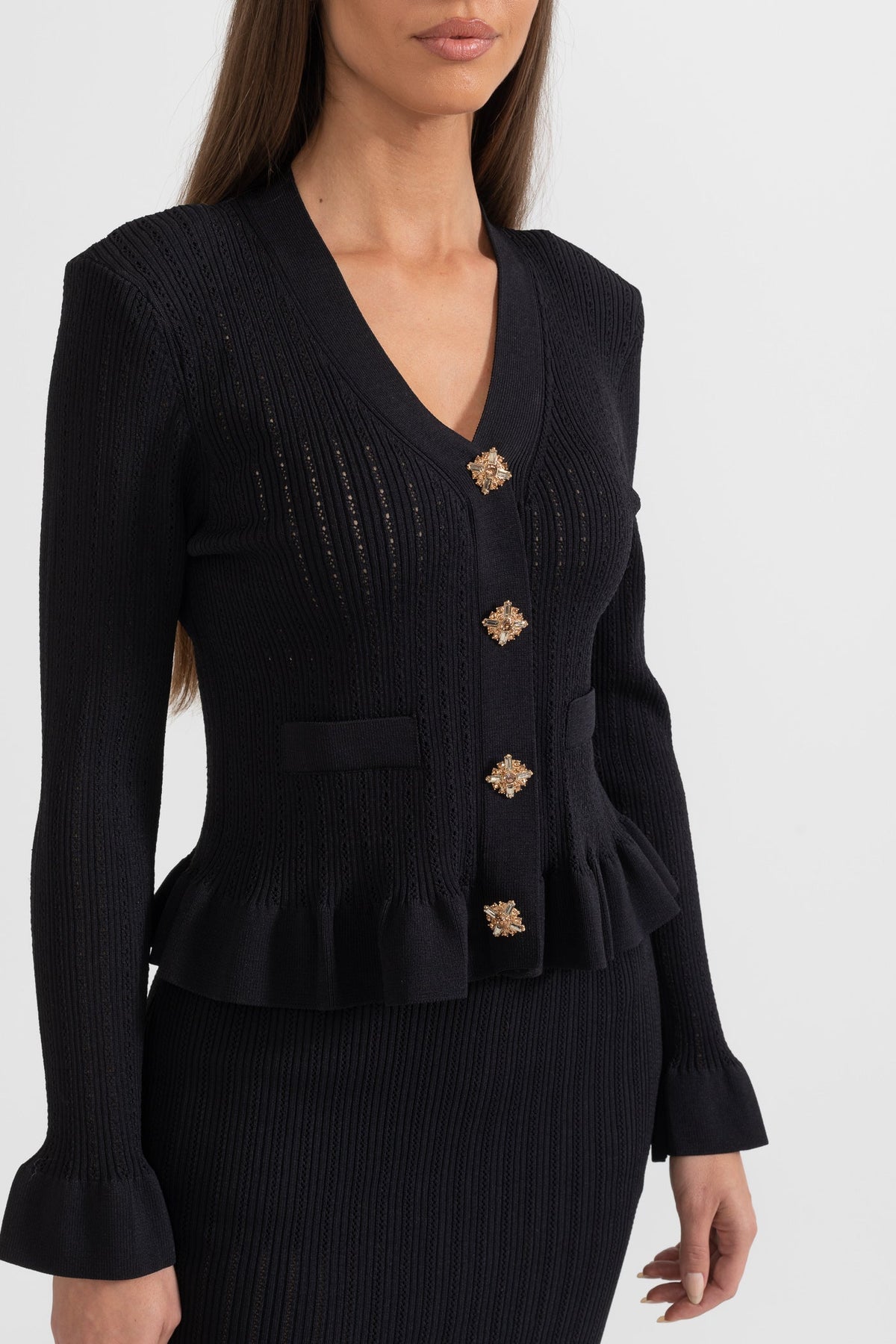 Ruffled V-Neck Knit Cardigan and Flared Knee-Length Skirt Set – Black – view 3