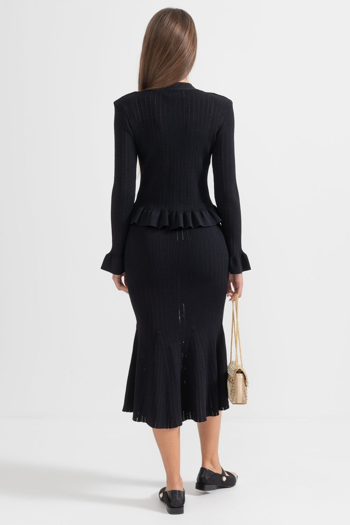 Ruffled V-Neck Knit Cardigan and Flared Knee-Length Skirt Set – Black – view 7