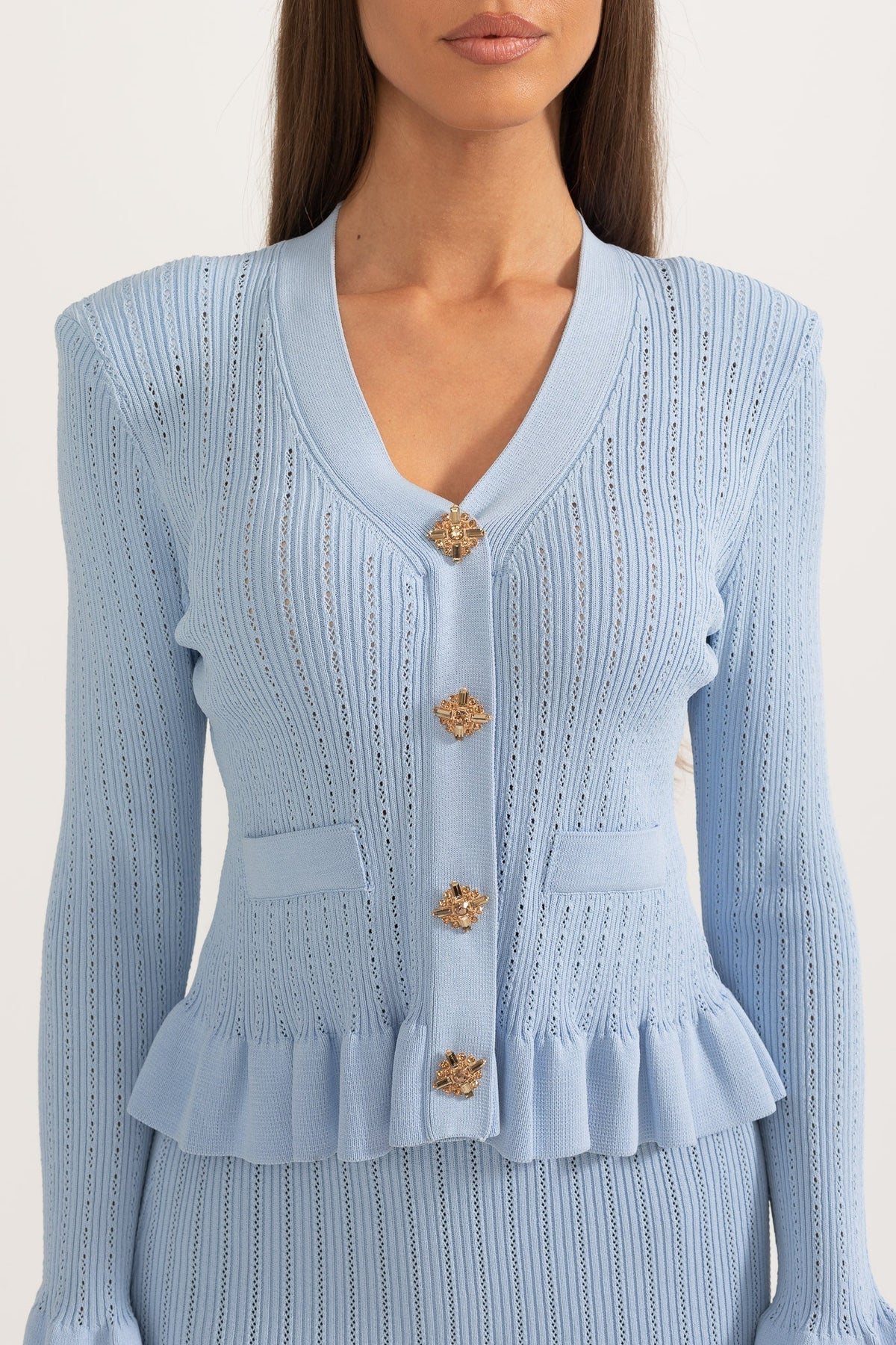 Ruffled V-Neck Knit Cardigan and Flared Knee-Length Skirt Set – Baby Blue – view 3
