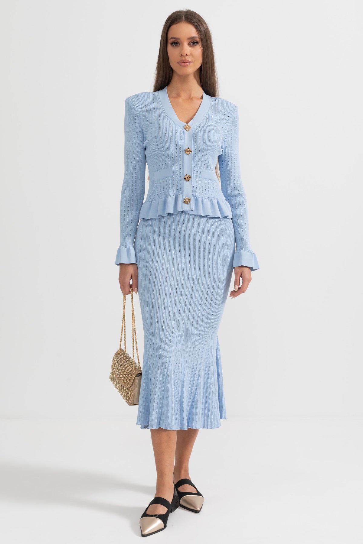 Ruffled V-Neck Knit Cardigan and Flared Knee-Length Skirt Set – Baby Blue