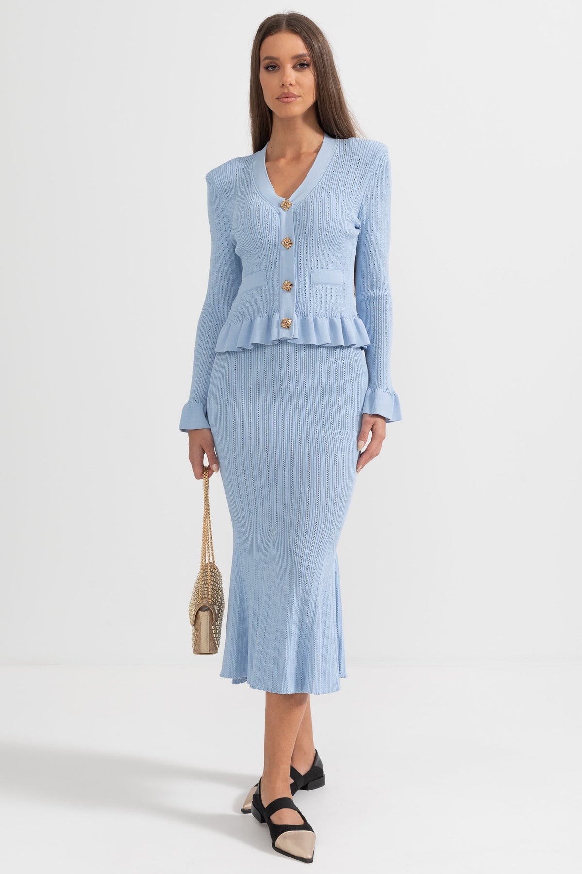 Ruffled V-Neck Knit Cardigan and Flared Knee-Length Skirt Set – Baby Blue – view 5