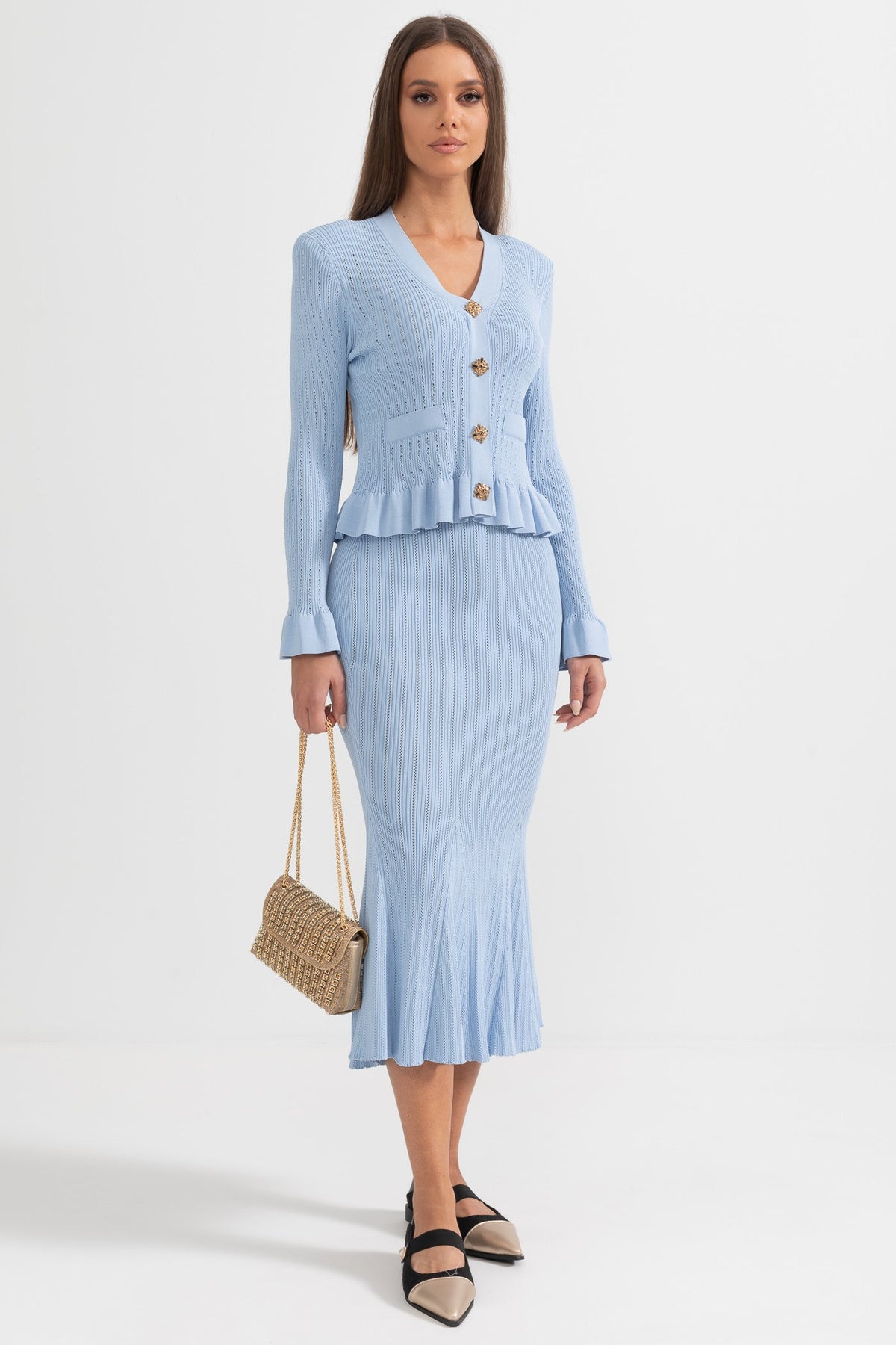 Ruffled V-Neck Knit Cardigan and Flared Knee-Length Skirt Set – Baby Blue – view 6