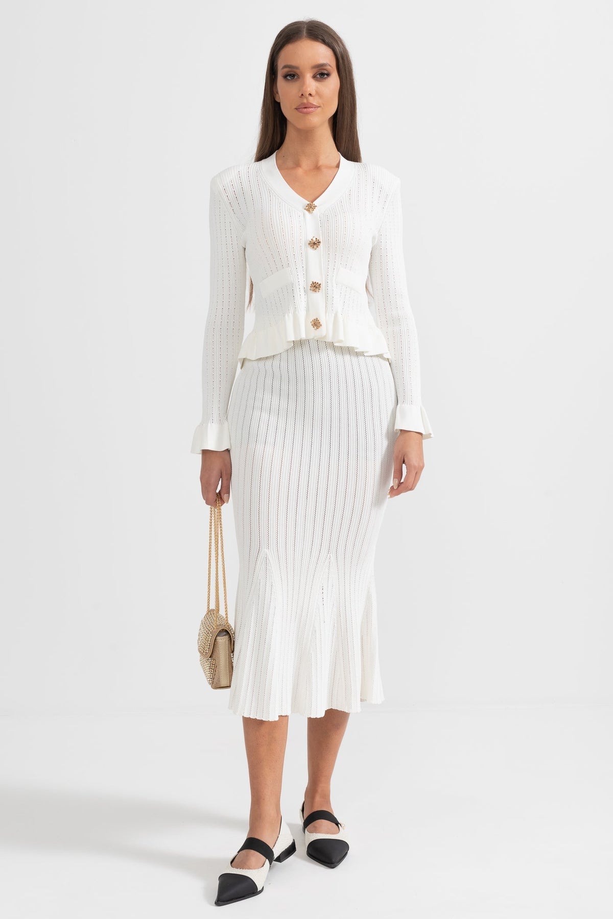 Ruffled V-Neck Knit Cardigan and Flared Knee-Length Skirt Set – White – view 1