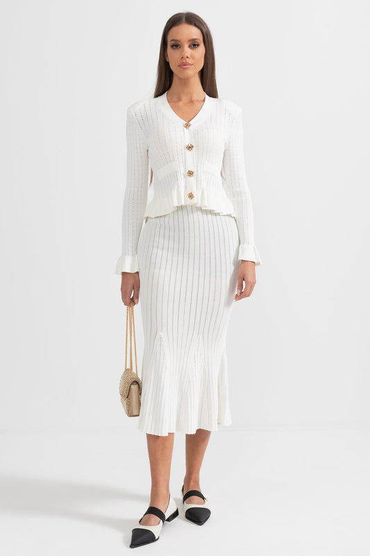 Ruffled V-Neck Knit Cardigan and Flared Knee-Length Skirt Set – White
