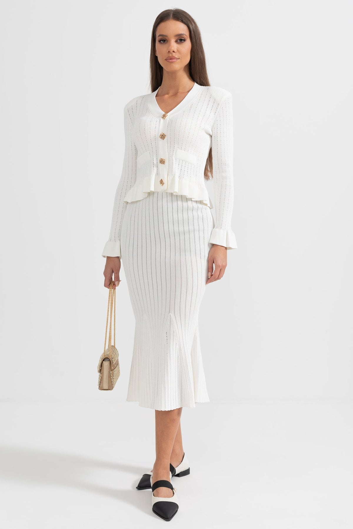 Ruffled V-Neck Knit Cardigan and Flared Knee-Length Skirt Set – White – view 4