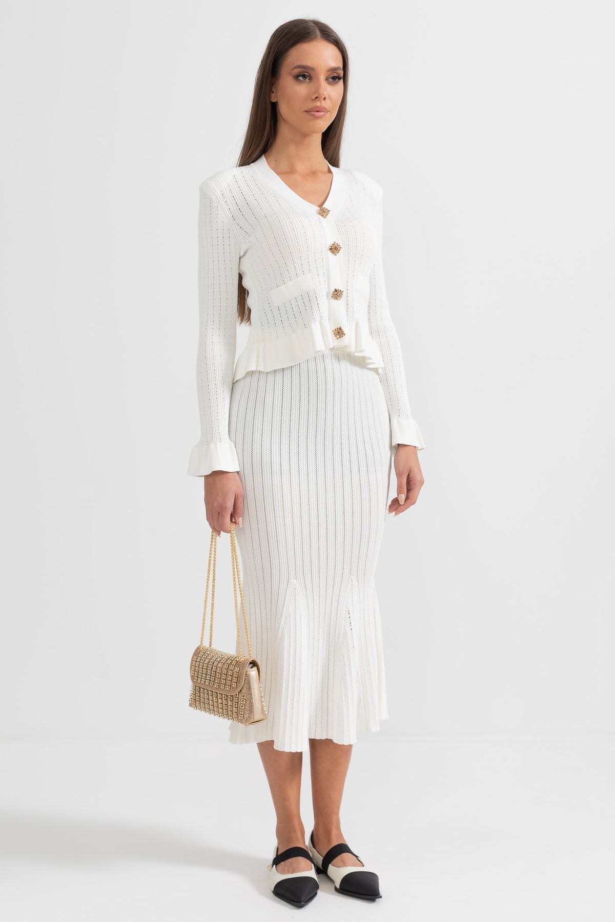 Ruffled V-Neck Knit Cardigan and Flared Knee-Length Skirt Set – White – view 5