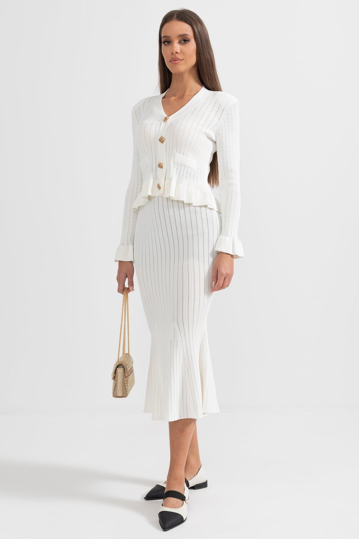 Ruffled V-Neck Knit Cardigan and Flared Knee-Length Skirt Set – White – view 6
