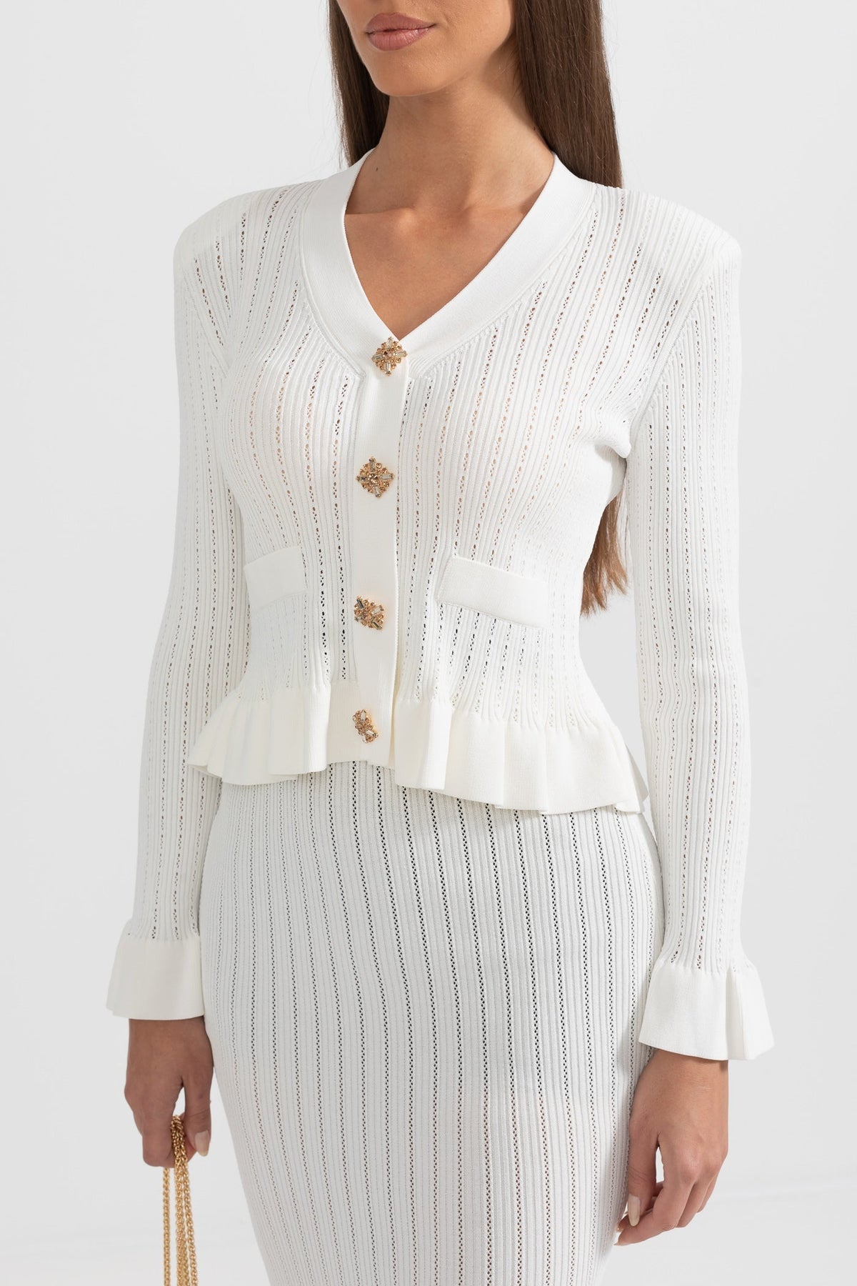 Ruffled V-Neck Knit Cardigan and Flared Knee-Length Skirt Set – White – view 3