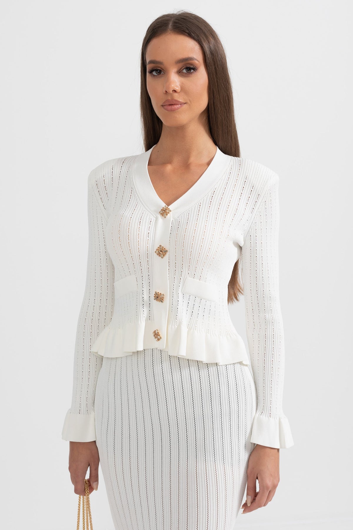 Ruffled V-Neck Knit Cardigan and Flared Knee-Length Skirt Set – White – view 8