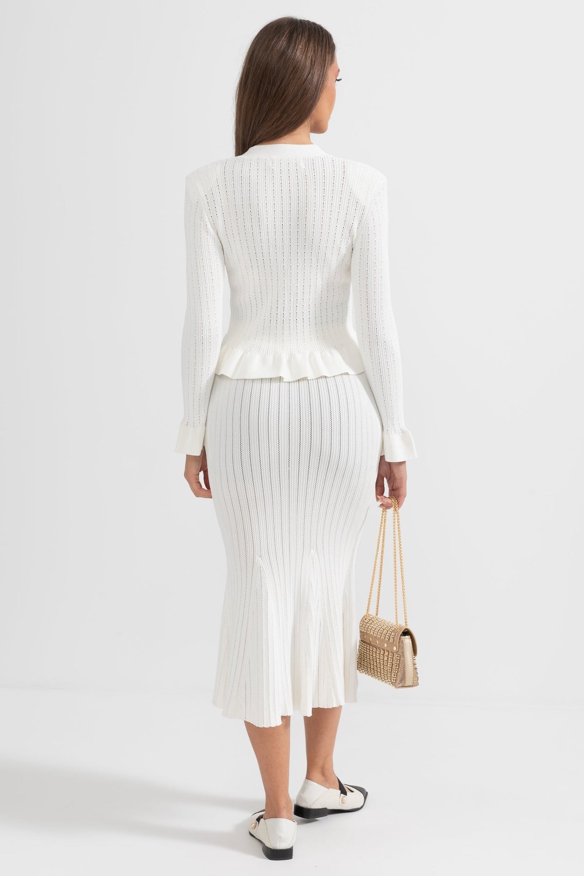 Ruffled V-Neck Knit Cardigan and Flared Knee-Length Skirt Set – White – view 7