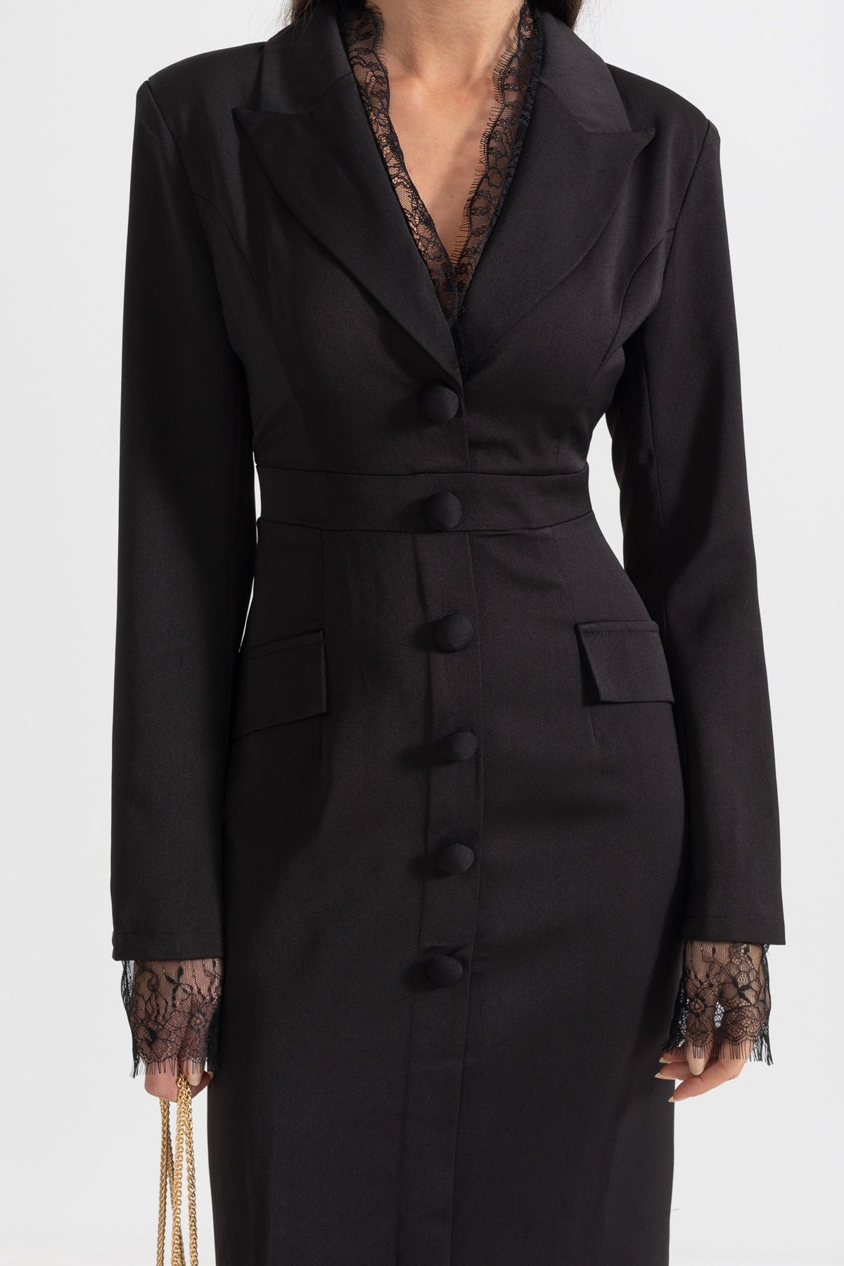 Long Sleeve Button Front Dress with Lace Collar and Cuffs – Black – view 2