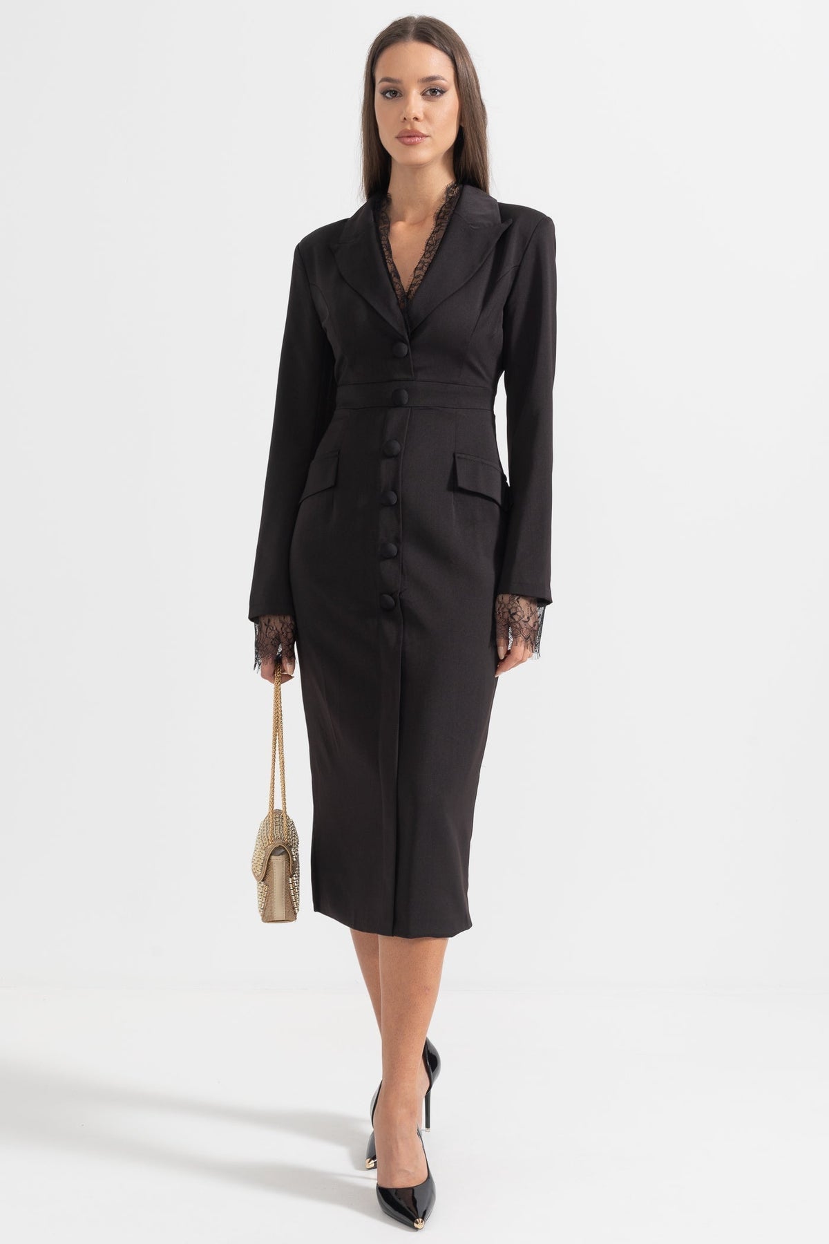 Long Sleeve Button Front Dress with Lace Collar and Cuffs – Black – view 3