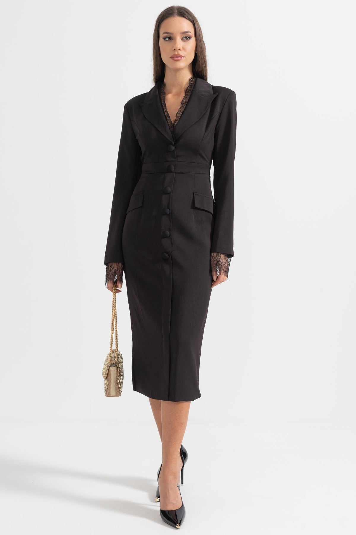 Long Sleeve Button Front Dress with Lace Collar and Cuffs – Black – view 5