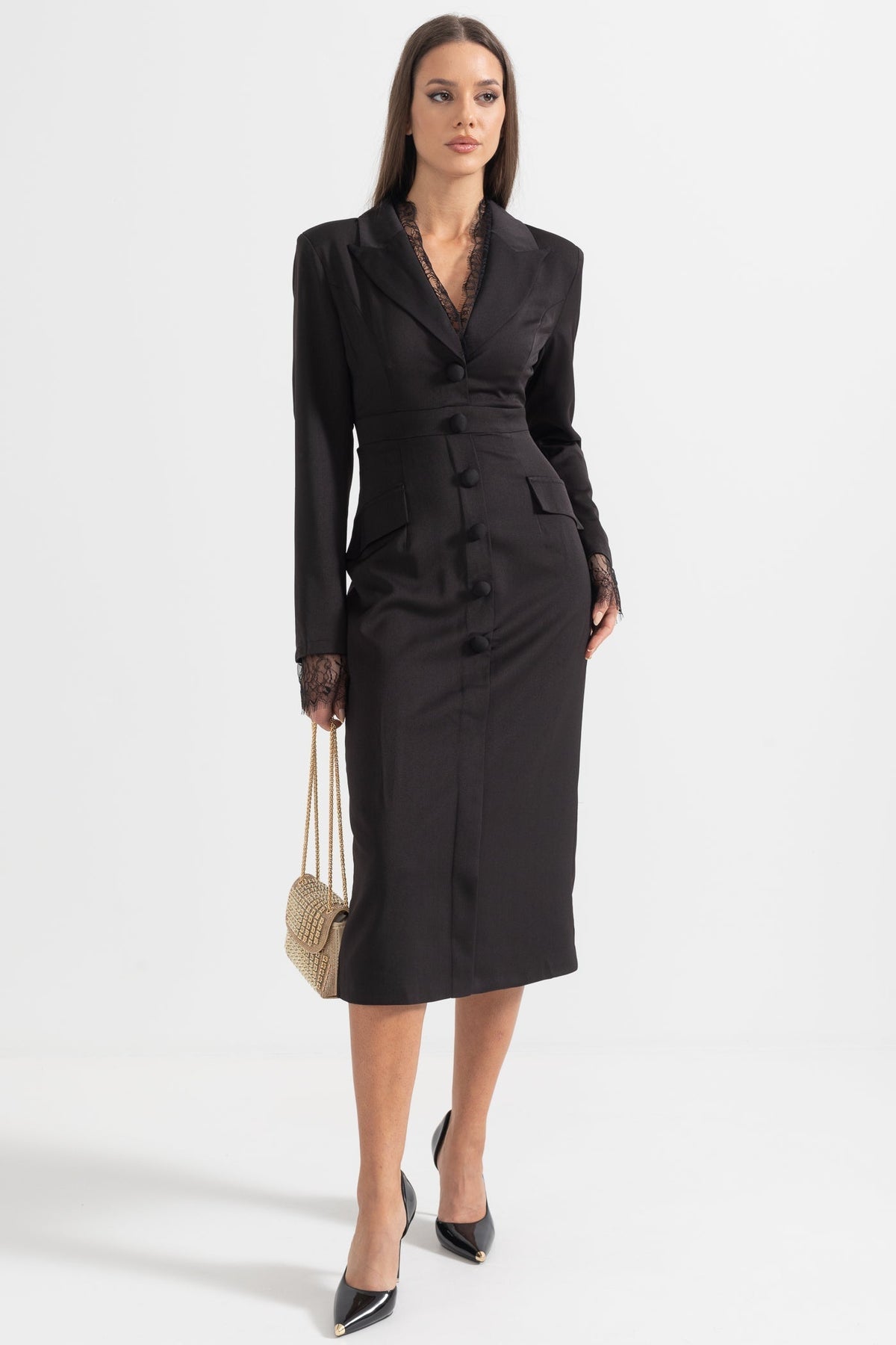 Long Sleeve Button Front Dress with Lace Collar and Cuffs – Black – view 7