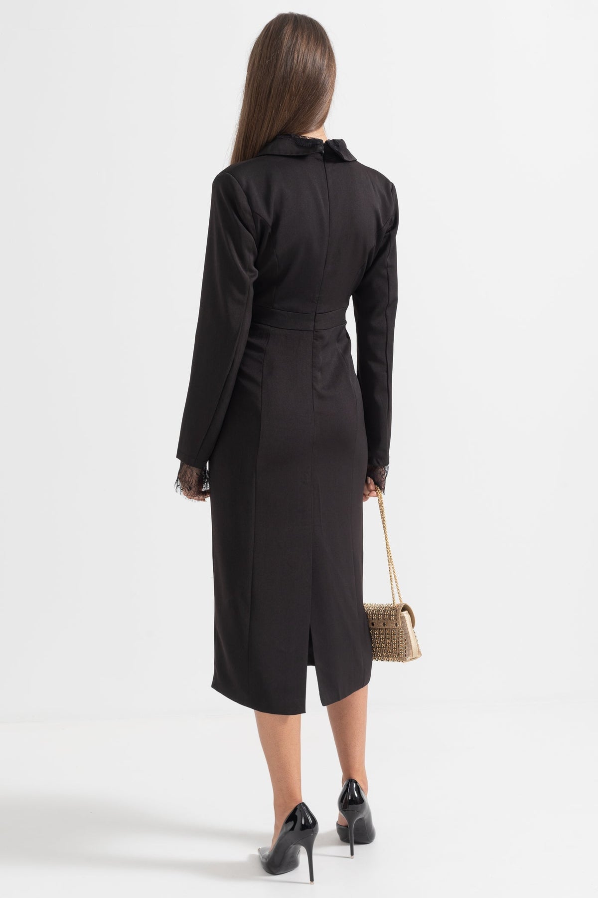 Long Sleeve Button Front Dress with Lace Collar and Cuffs – Black – view 8