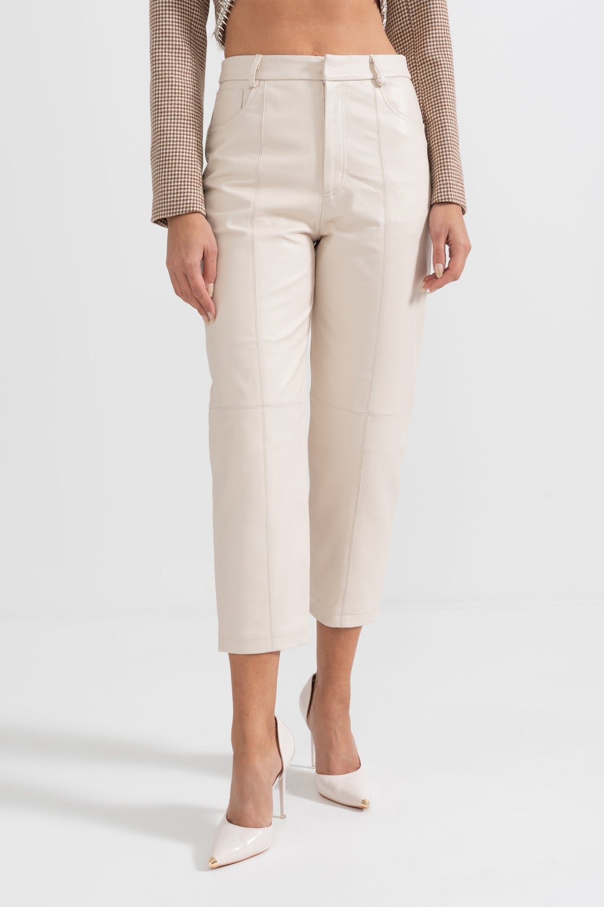 Leather Straight Leg Trousers with Decorative Stitching – White