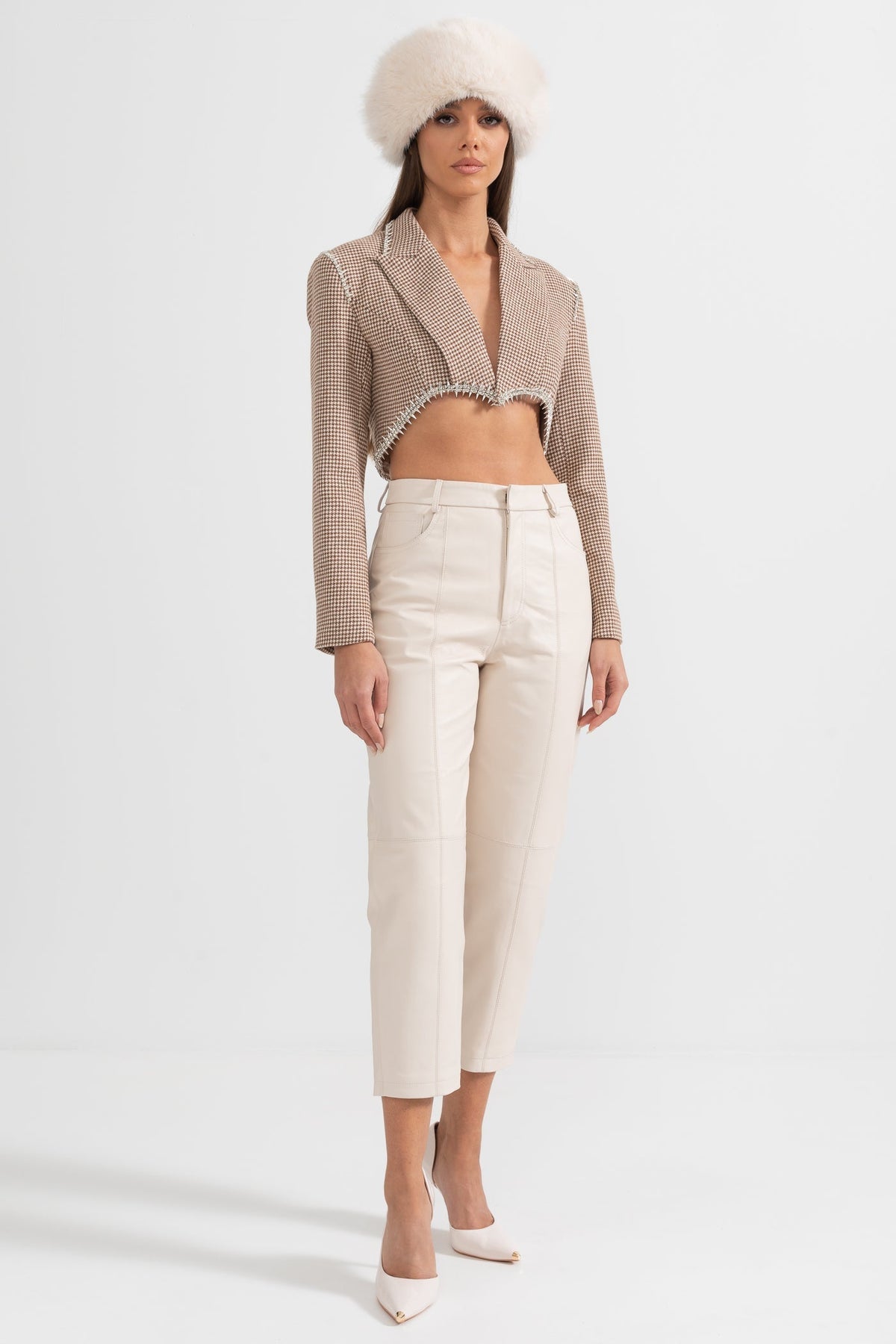 Leather Straight Leg Trousers with Decorative Stitching – White