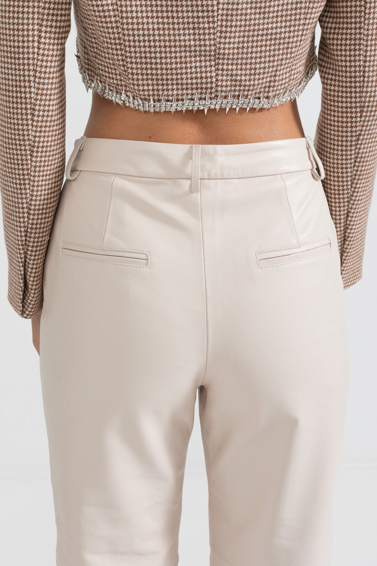 Leather Straight Leg Trousers with Decorative Stitching – White – view 3