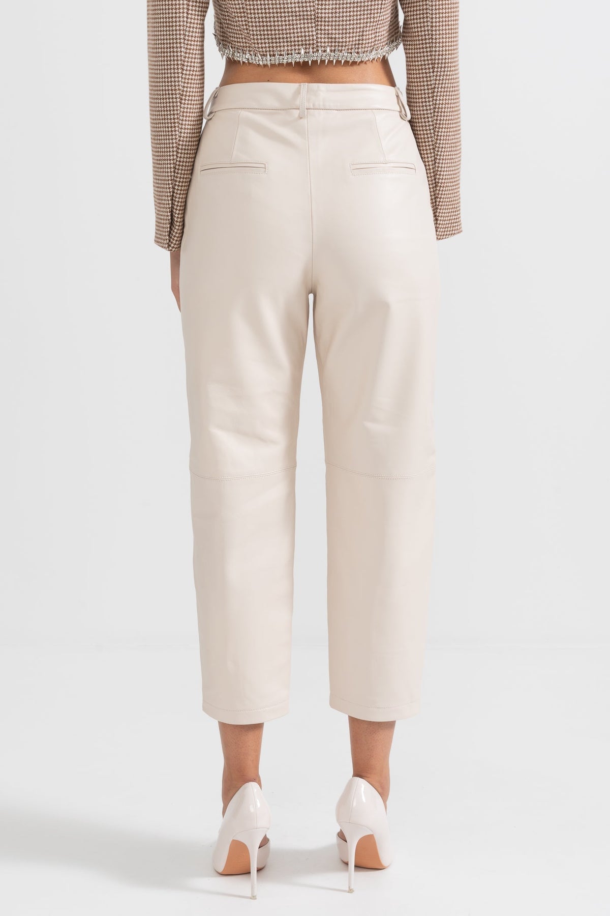 Leather Straight Leg Trousers with Decorative Stitching – White