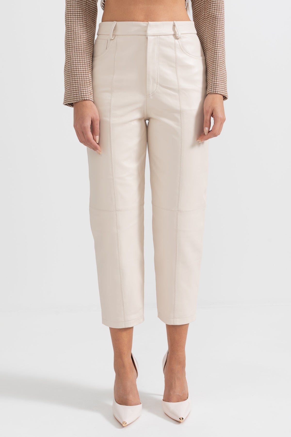 Leather Straight Leg Trousers with Decorative Stitching – White