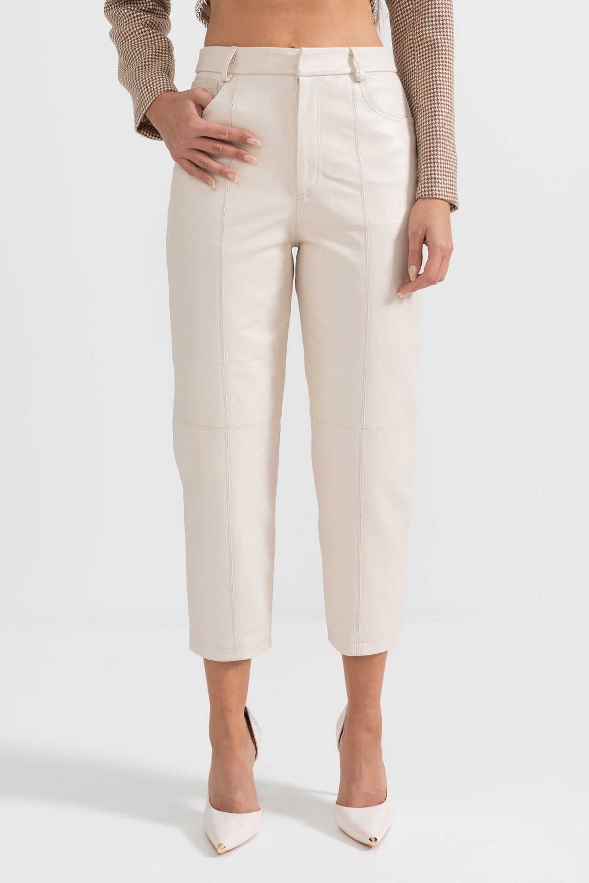 Leather Straight Leg Trousers with Decorative Stitching – White – view 2
