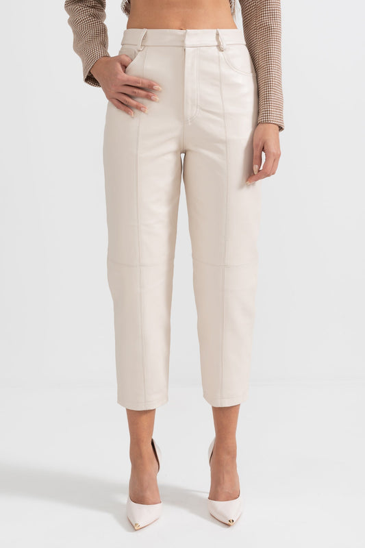 Leather Straight Leg Trousers with Decorative Stitching – White