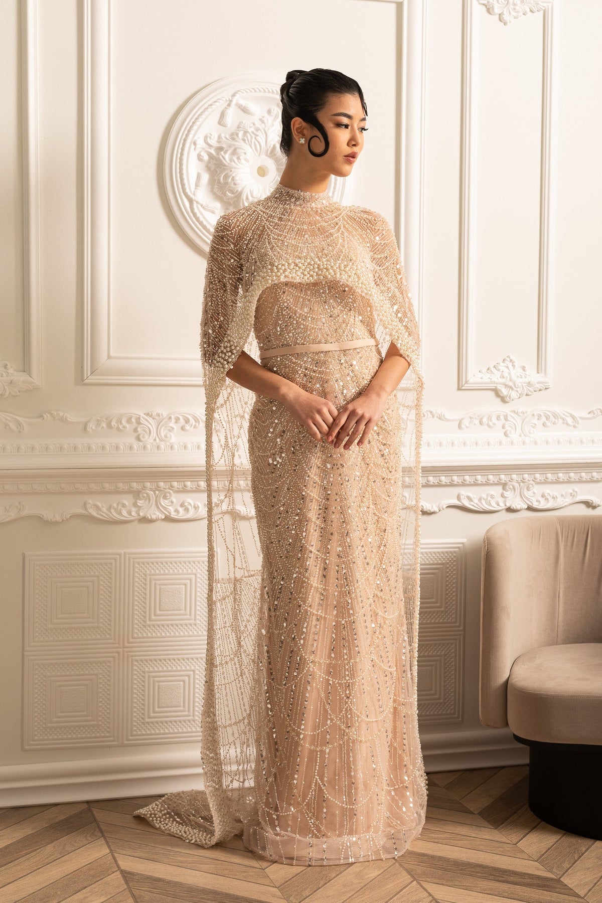 Beaded Sheer Corset Gown with Detachable Veil – Beige – view 9