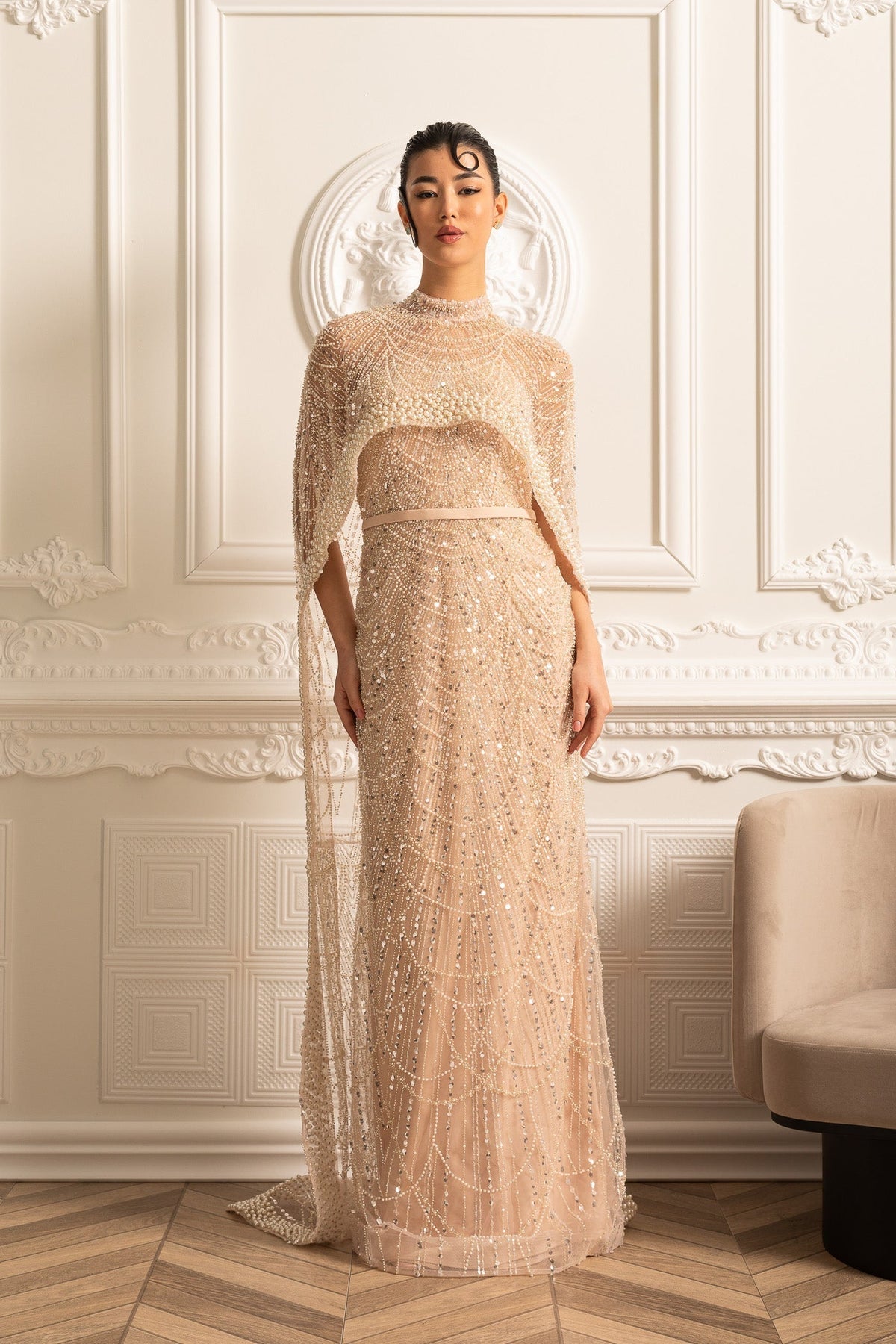 Beaded Sheer Corset Gown with Detachable Veil – Beige – view 11