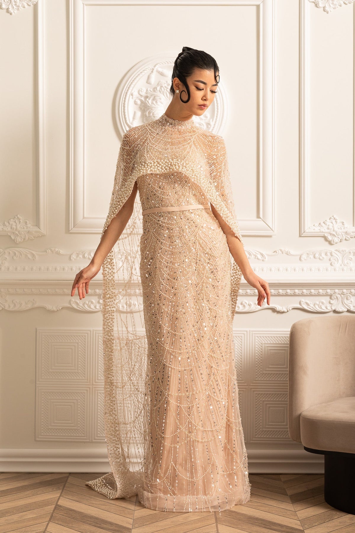 Beaded Sheer Corset Gown with Detachable Veil – Beige – view 5