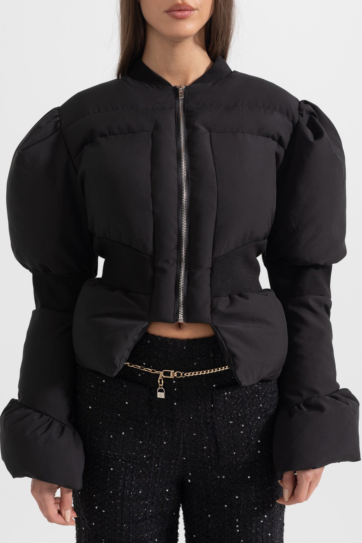 Cropped Puffer Jacket with Fitted Waist and Puffed Sleeves – Black – view 3