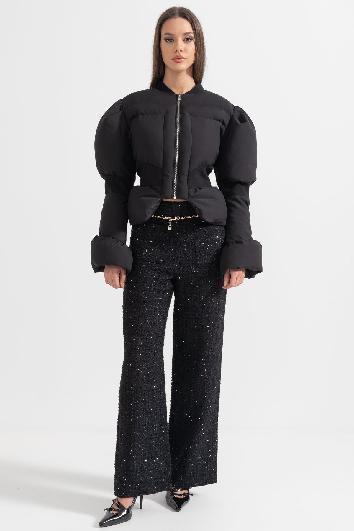Cropped Puffer Jacket with Fitted Waist and Puffed Sleeves – Black – view 4