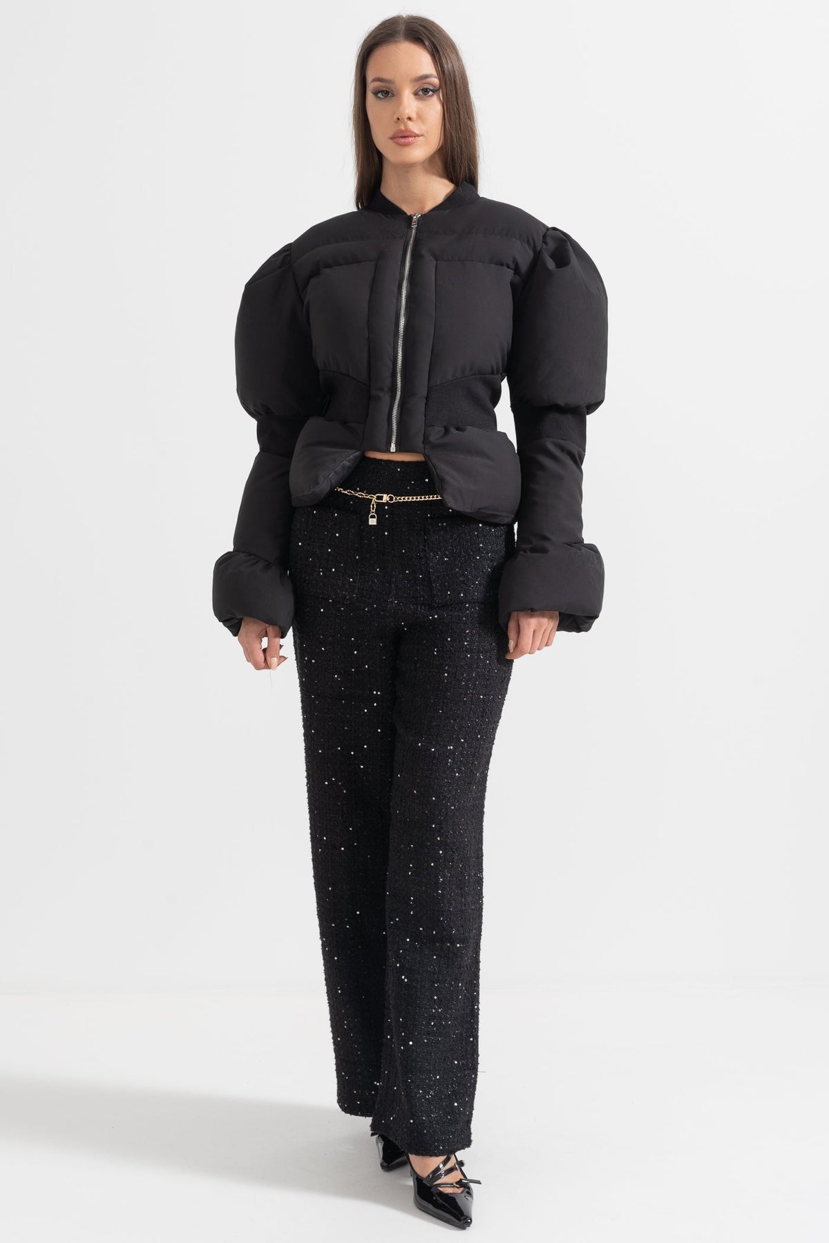 Cropped Puffer Jacket with Fitted Waist and Puffed Sleeves – Black – view 5